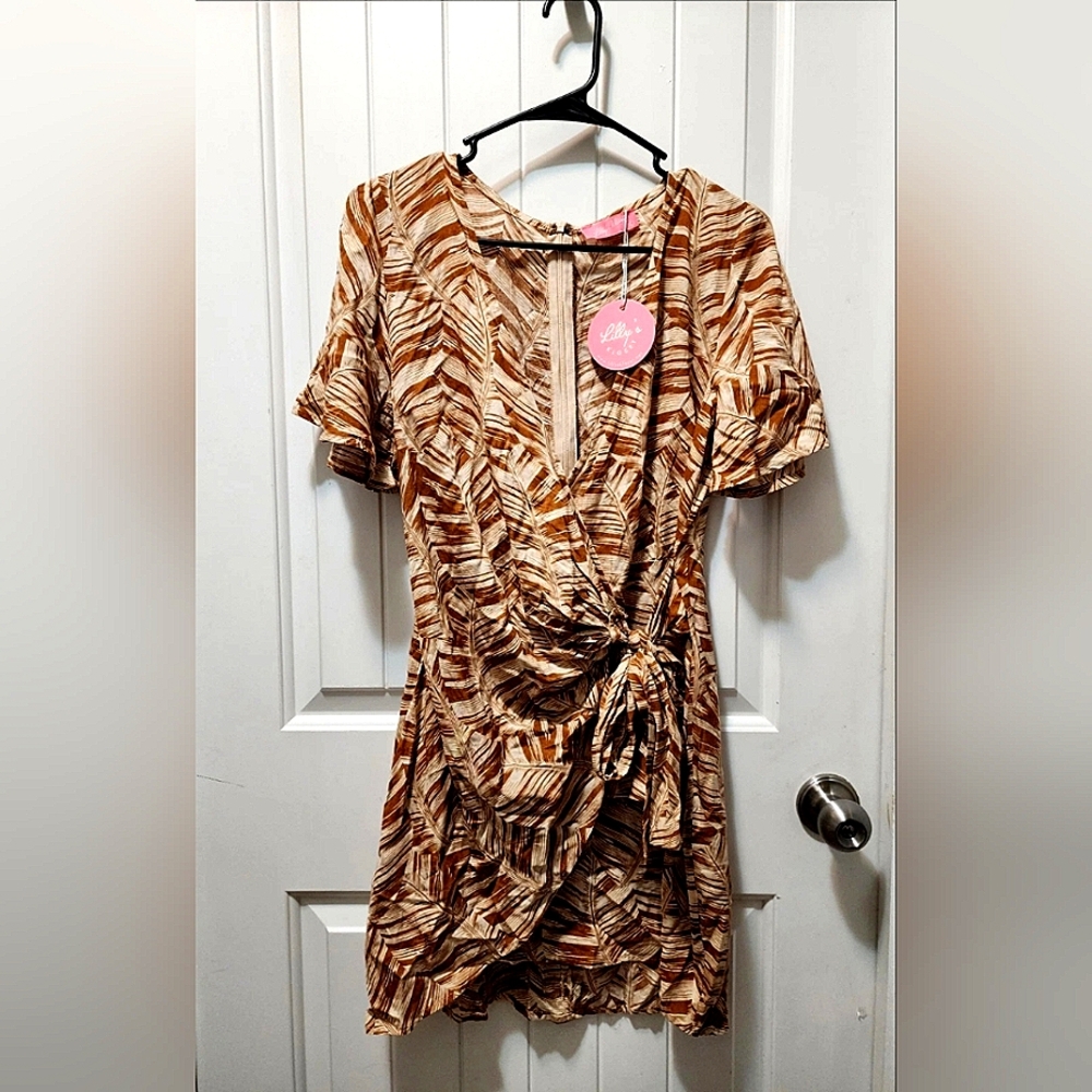 NEW Lilly’s Kloset Brown Beige Wrap Mini Dress Cocktail Party Women's Size L NWT